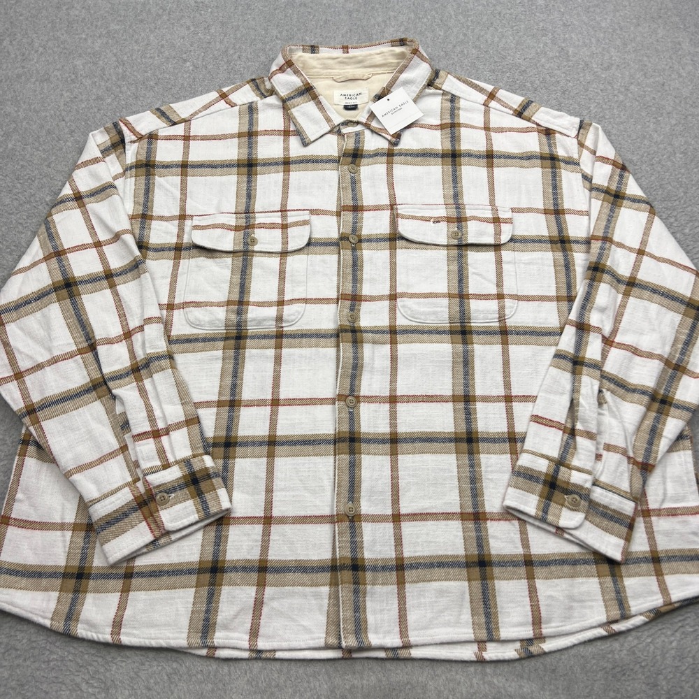 NEW American Eagle Shirt Mens XXL White Plaid Cotton Boxy Fit Flannel Button Up